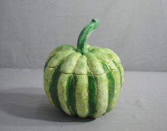 Vintage Greens & White Porcelain Pumpkin-shaped Gourd Tureen/covered Bowl