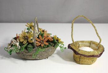 Vintage Beaded Flower Basket And Miniature Beaded Basket Set