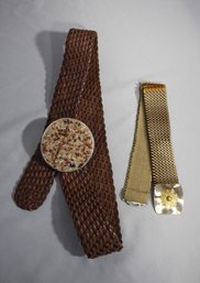 Two Belts: WCM NY Braided Leather And Beaded Sphere Buckle & Gold-tone Metal Fish Scale 1980s Vintage Belt