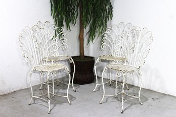 Set Of  4 Vintage White Painted Wrought Iron Peacock Chairs