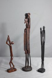Group Lot Of 3 African Carved Ebony Stick Figures