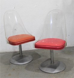 Vintage Pair Of Tulip Inspired Lucite Back Chairs On Aluminum Swivel Base - Colorful Seats