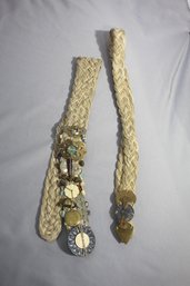 Two Vintage Modernist Belts By Marjorie Baer SF, Woven Raffia With Metal Adornments