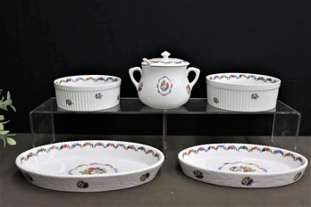 Group Lot Of S.P.M. Bayrueth Porcelain Souflee Dishes, Oval Casseroles, And A Sauce Pot