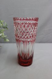 Art Deco Cranberry Cut To Clear Raised Diamond Glass Vase