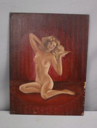 Vintage Vibrant Pin-Up Gal Portrait, Oil On Board, Unframed From The Harmon Estate