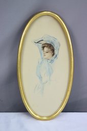 Vintage Framed Oval Painting Victorian Woman Lady In Blue