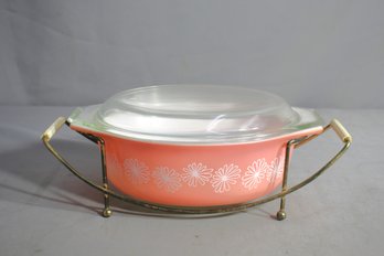 Pyrex Pink Daisy Casserole Dish With Lid And Brass Stand