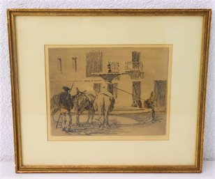 Framed Pencil Signed Vintage Etching Of Horses At Fountain