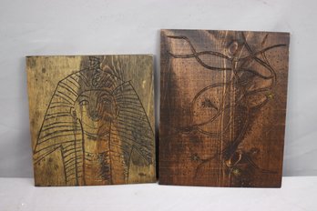 Two Wood Burn And Wood Cut Wall Plaques From The Harmon Estate