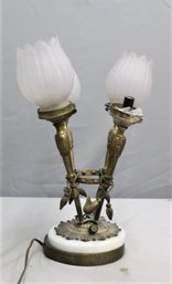 Vintage Art Deco Nouveau  4 Light Lamp- In Brass & Frosted Glass  Shades And Marble Base