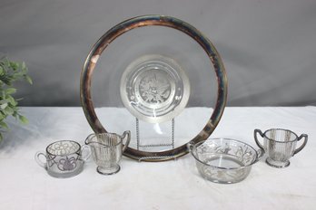 Group Lot Of Vintage Silver Onlay Over Glass Platter, Bowl, Creamer/Sugar, Cup