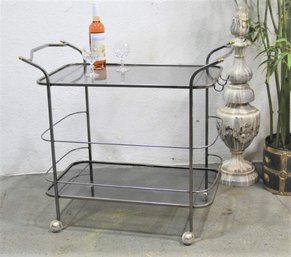 Brushed And Burnished Steel Rod And Smoked Glass Two Tier Bar Cart, Swivel Ball Casters
