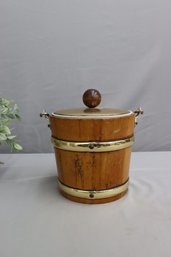 Vintage MCM Kraftware 'Wood Barrel' Ice Bucket With Brass Top