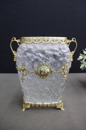 Vintage Frosted Glass And Brass Ormolu Filigree Vase With Courting Couple Porcelain Medallion