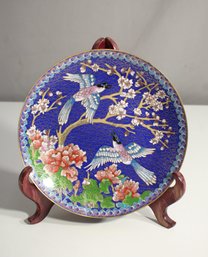 7' Round Vintage Cloisonn Plate With Plum Blossom And Birds