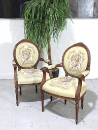 Pair Of Exquisite Needlepoint Armchairs With Floral Motifs