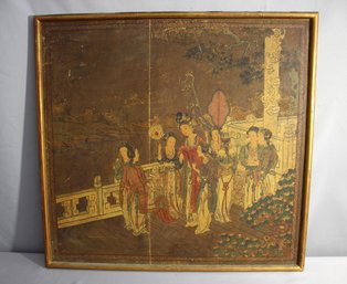 Vintage Chinese Painted Scene On Board With Ornate Frame