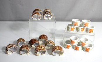 Group Lot Of Vintage Porcelain  Orange And Blue Floral Pattern & Shell Napkin Rings