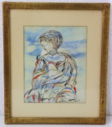 Framed Vintage Watercolor With Pen & Ink Female And Sky