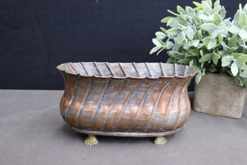 Vintage Weathered Copper Plated Jardiniere Planter With Brass Lion Feet