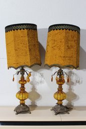 Pair Of Vintage 1970s Amber Glass Lamps With Velvet Shades
