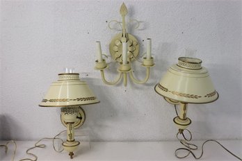 Group Lot Of 3 Creama Nd Gold Tole Candelabra Sconces (1 Doesn't Work And Triple Sconce Untested)