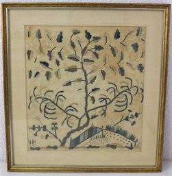 Wonderful Painterly Embroidery On Linen Landscape In Gold/Silver Two-Tone Frame