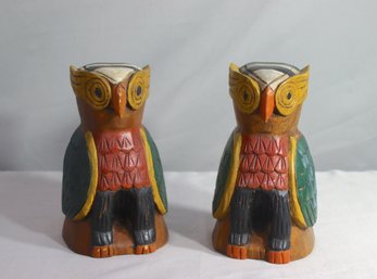 Pair Of Carved Wood Colorful Owl Bookends
