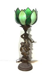 Single Vintage Cherub Table Lamp With Green Slag Glass Shade
