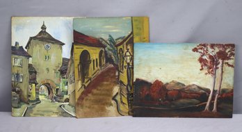 Group Lot Of Three Vintage Landscape Paintings On Board, Signed And Dated