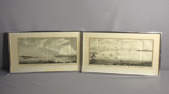 Pair Of Framed Antique Etchings - River & City Panoramas