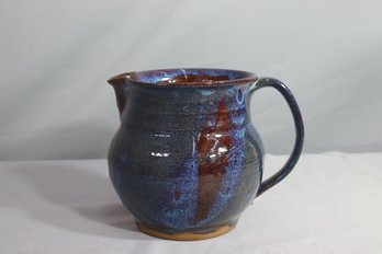 Rustic Blue And Brown Glazed Stoneware Squat Pitcher