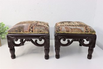 Pair Of British Colonial Style Upholstered Footstools