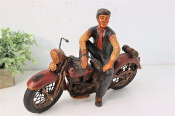 Painted Motorcycle And Rider Figurine In Cast Resin/Composite