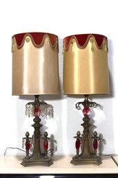 Pair Of Red Hollywood Regency Metal Lamps With Velvet And Satin Shades
