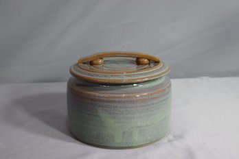 Wheel Thrown Stoneware Green/Brown Lidded Jar, Signed Karen