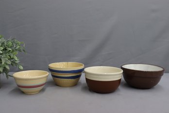 Group Lot Of (2) Striped Yellow Ware And (2) Brown & Tan Stoneware Mixing Bowls