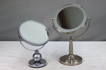 Two Round Tilting Vanity/Cosmetic Mirrors, 1 Light Up