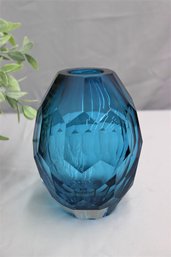 Blue Art Glass Vase Solid Color Hand Blown Diamond Shape  Vase