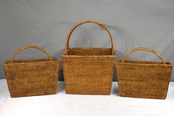 Group Lot Of 3 Woven Rattan Rectangular Baskets With Handles