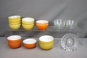 22pc Lot Of Vintage Yellow, Orange, Clear Bowls By Anchor, Siaki, Pyrex - And Slovakian Crystal Candy Dish