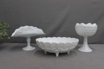 Three Vintage Milk Glass Bowls/Centerpieces - 2 Pedestal, 1 Footed