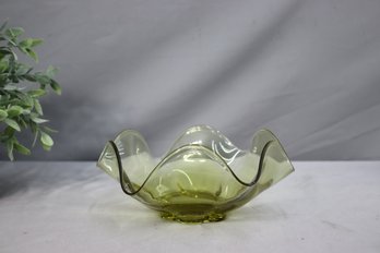 Vintage Mid-Century Modern Hand Blown Smoke Glass Crimped Wave Bowl