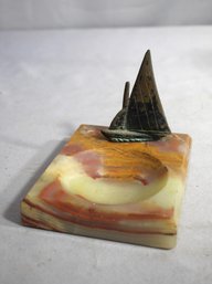 Bronze Sailboat Sculpture On Onyx Marble Base Ashtray