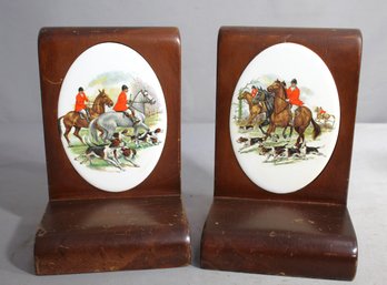 Vintage Walnut Bookends With Ceramic Insets Depicting English Fox Hunt