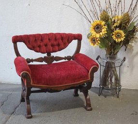 Vintage Victorian Vanity Chair Upholstered In Bordeaux Red Brocade