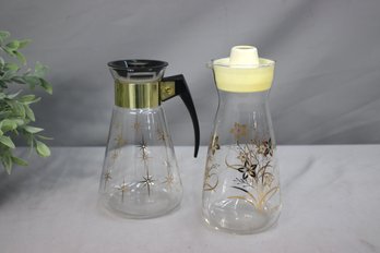 Vintage Pyrex Corning Gold Atomic Star Coffee Carafe & Gold Flower Power Juice Carafe Both With Lids