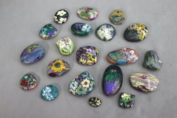 Group Lot Of Pearl's Hand-Painted River Rocks, Signed And Dated