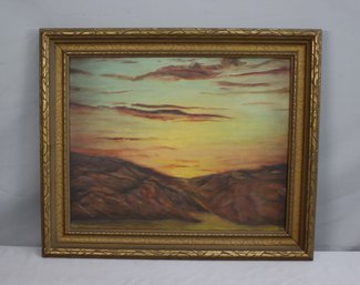 Vintage Original Oil On Board Hot Springs Sunset, Signed And Dated J. Harmon '43